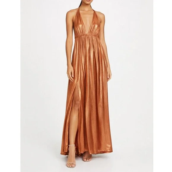 Sundress REVOLVE Metallic Copper Halter Maxi Dress Plunging V-Neck Slit Bronze S - Picture 1 of 8